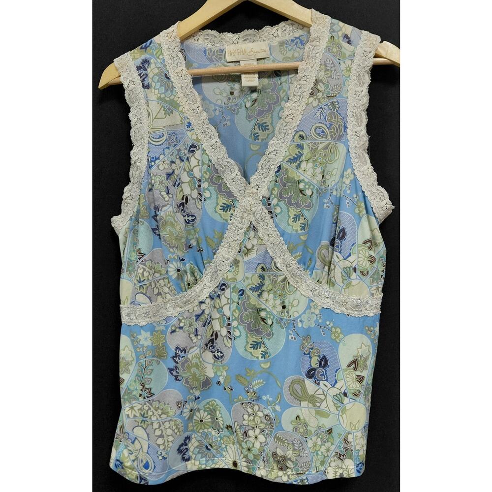 PARISIAN Signature Floral Lace Trim Top Blue Sleeveless V-Neck Women Size 2X
